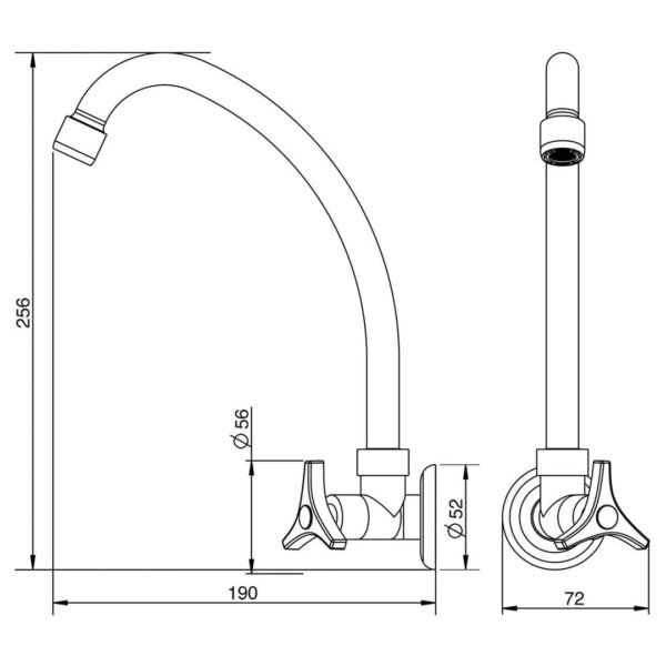 Desenho Técnico Torneira para Cozinha de Parede LorenWay 1168 C30 7011198 Cromada Lorenzetti