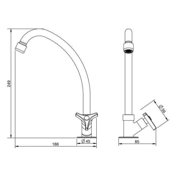 Desenho Técnico Torneira para Cozinha de Balcão LorenWay 1167 C30 7011200 Cromada Lorenzetti