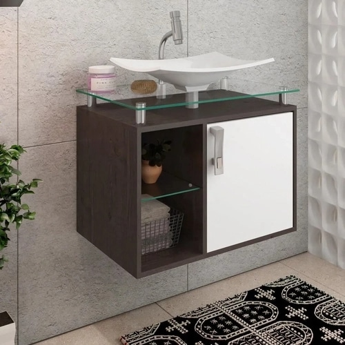 Gabinete Para Banheiro Lagos 60 Cm Sobrepor MGM Móveis Café Branco 9934.30