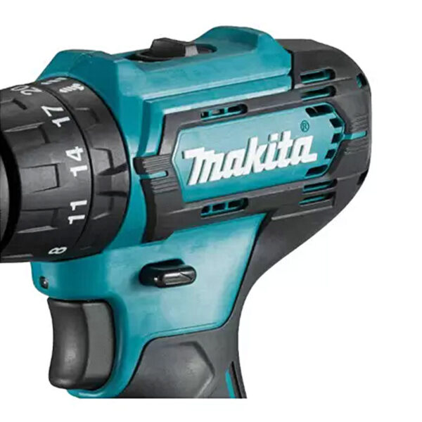 Detalhe da Parafusadeira e Furadeira de Impacto 3/8” Makita 2 Baterias de 12V Bivolt HP333DWYE e Maleta