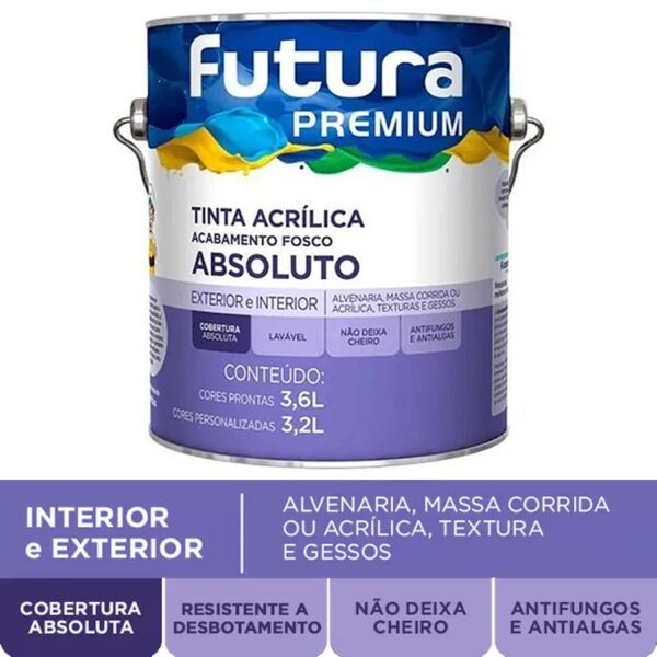 Tinta Futura Absoluto Premium Galão de 3,6L Acrílico Fosco para Áreas Externas e Internas