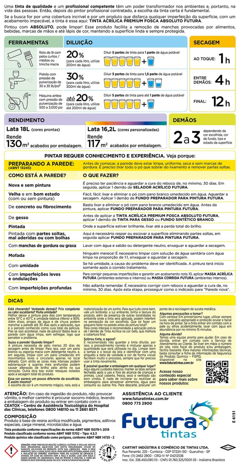 Tinta Futura Absoluto Premium Lata de 18L Acrílico Fosco para Áreas ...