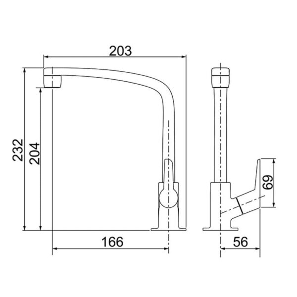 Desenho Técnico da Torneira de Cozinha para Bancada com Bica Alta Flatt F71 1167 7111104 Rose Gold da Lorenzetti