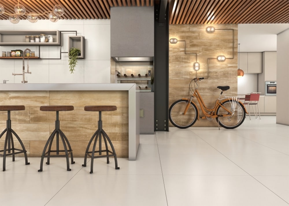 Ambiente com Paginação do Porcelanato Damme York Caramel Acetinado AR83191 A 83X83 com 2m e 7 cm