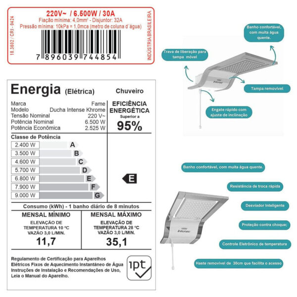 Chuveiro Intense Eletrônica Ducha FAME 220V Khrome e Branco 7800W